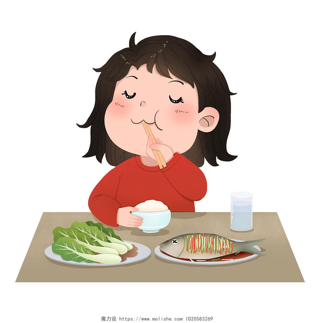 可爱卡通女孩在开心吃饭插画全民营养周健康饮食合理膳食